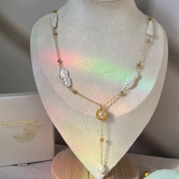 Zephyra Gold filled Pearl Lariat Necklace