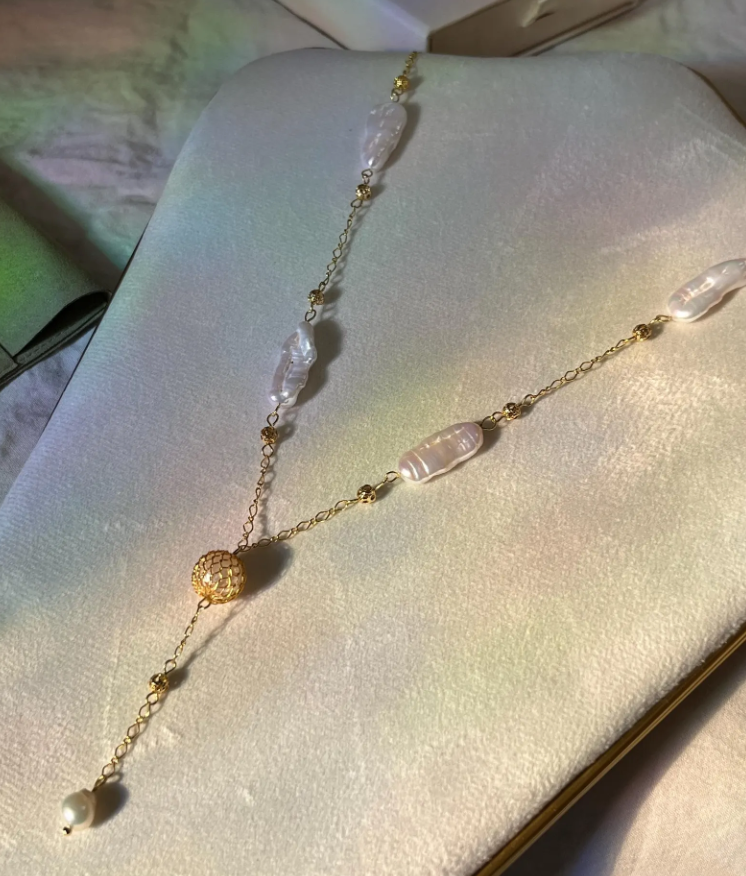 Zephyra Gold filled Pearl Lariat Necklace