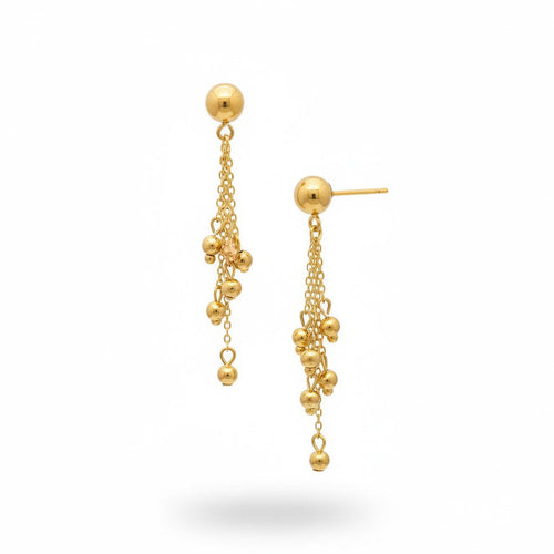 A pair of gold dangle earrings with spherical beads and delicate chains, shown against a plain white background.